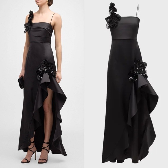 Ungaro- Black Side-Slit Sequin Flower-Embellished Gown Size 4 Evening Gown - Picture 1 of 15